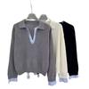 Polo-Kragen gestreifter Spleiß-Fake-Zweiteiler-Pullover Damen Herbst und Winter neu Old-Money-Stil hochwertiger Unterzieh-Strickpullover