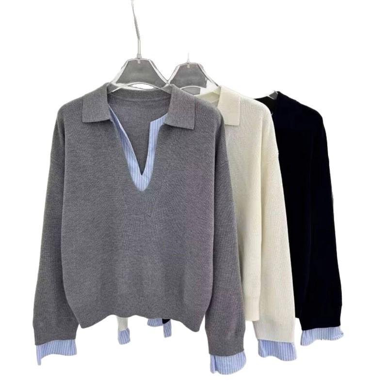 Polo-Kragen gestreifter Spleiß-Fake-Zweiteiler-Pullover Damen Herbst und Winter neu Old-Money-Stil hochwertiger Unterzieh-Strickpullover