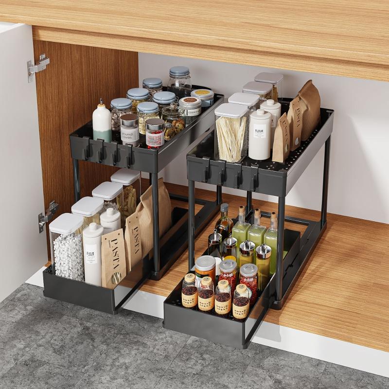 Pull-Out Pantry Organizer Multi-Tier Adjustable Kitchen Storage Shelf for Spices Utensil Under Sink Cabinet Countertop Organizer