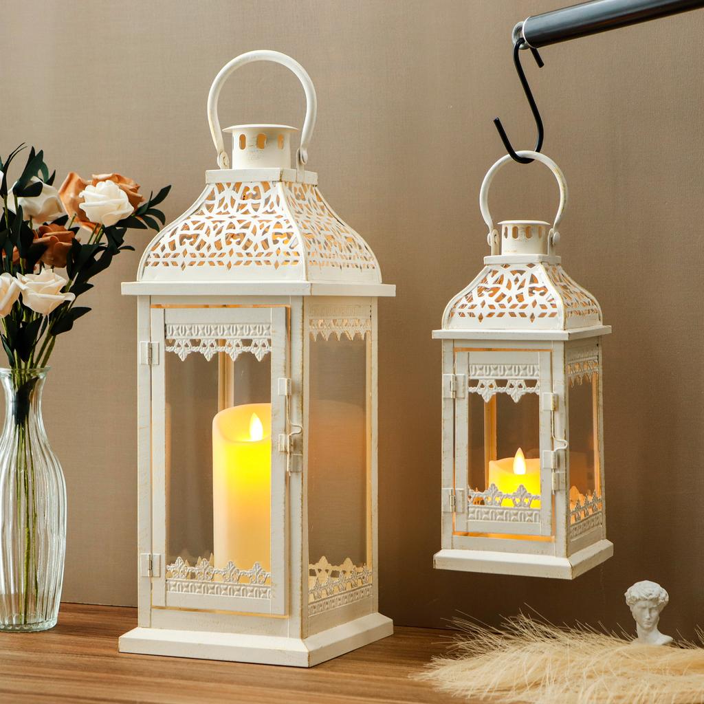 Set of 2 Candle Lanterns Vintage Hanging Lantern Metal Candle Holder for Garden Living Room Parties Weddings Balcony