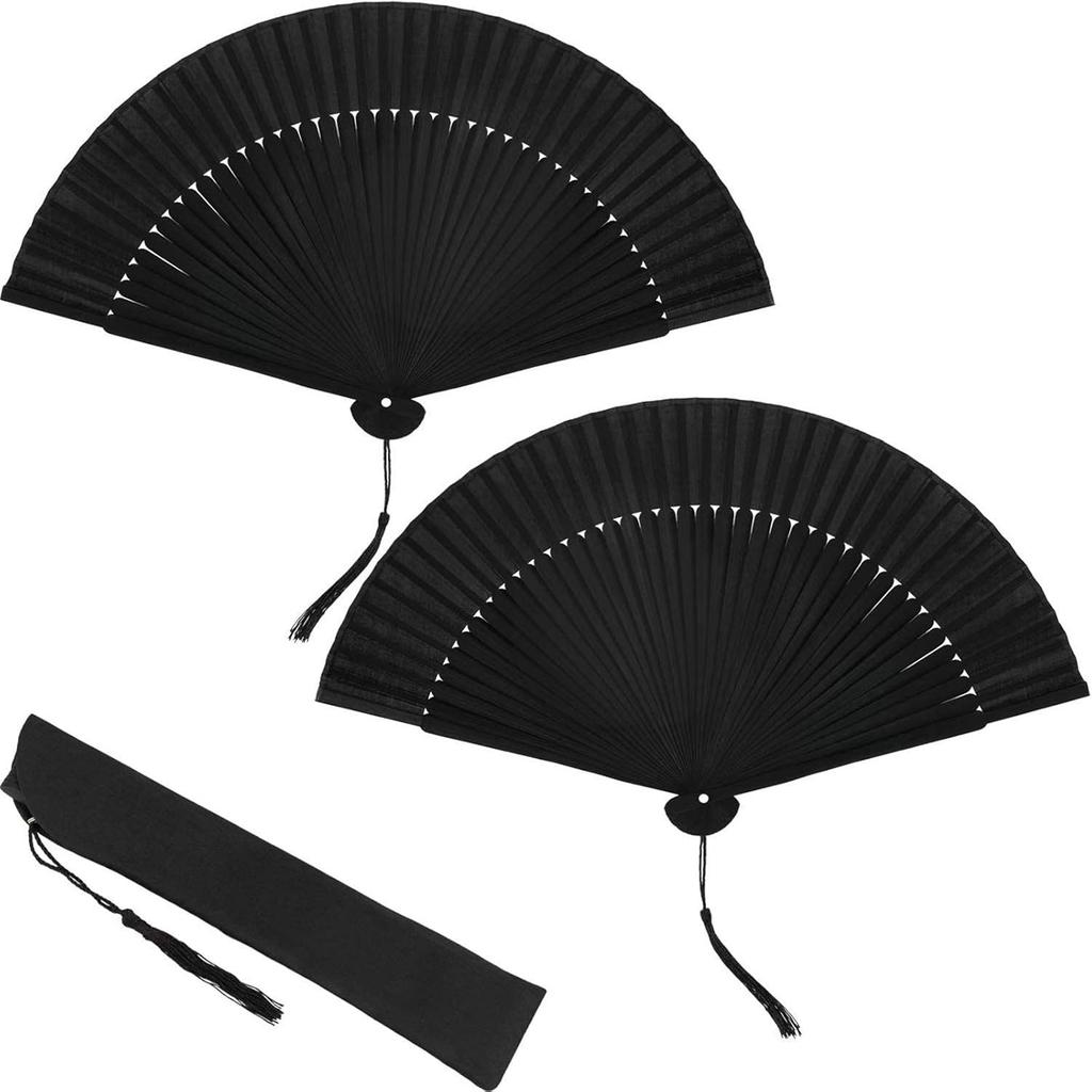 Maitys 2 Pcs 8.4" Small Black Folding Hand Fans Bamboo Silk Folding Hand Rave Fan with Tassel for Line Dancing Festival Craft Dance Decoration for