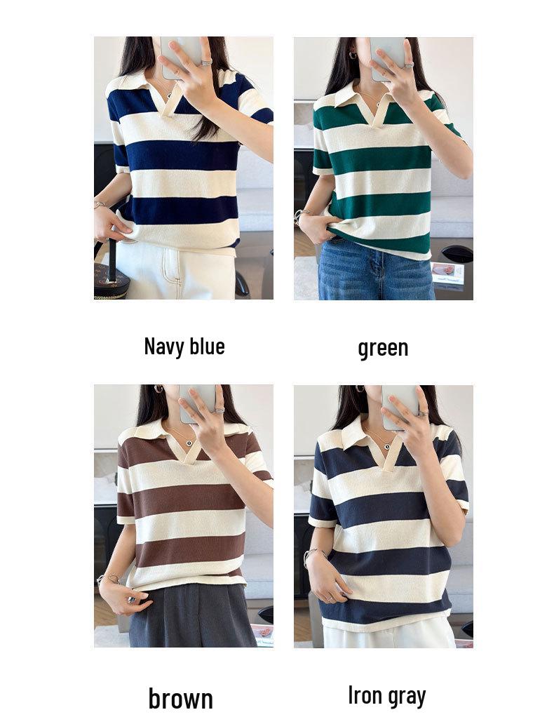 Summer Women's Cotton Knit Short Sleeve Polo Collar Striped Top