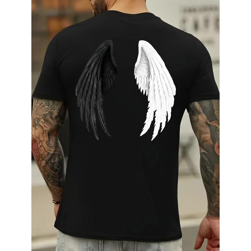 New Mens Loose Comfortable Breathable Round Neck Tshirt with Angel Wing Print Pattern Comfortable Trendy Casual and Soft Top
