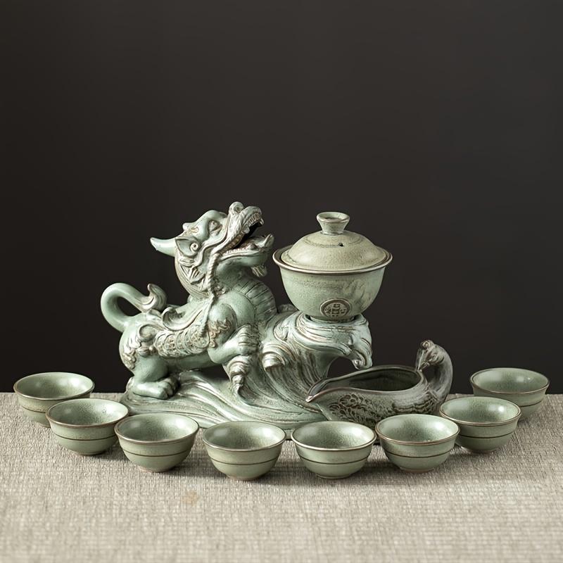 1 Set Lazy Tea Set Magnetic Water Diversion Rotating Gaiwan Tea Maker Automatic Brave Troops Retro Teapot Tea Cups Cover Bowl Rectangular Tea Tray Chi