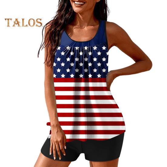 

2 шт./компл. женский танкини комплект с принтом в виде американского Дня независимости жилет однотонные шорты для плавания комплект купальники S синий/красный