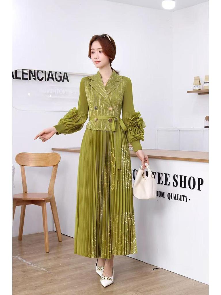 European and American Panhua 3D Floral Pleated Dress with Lantern Sleeves and Large Swing Skirt