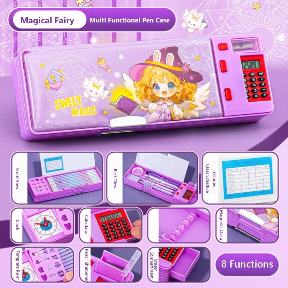 Plastic Pencil Case With Calculator/Pencil Sharpener Double Sided Use Pencil Box Large Capacity Multi-Functional