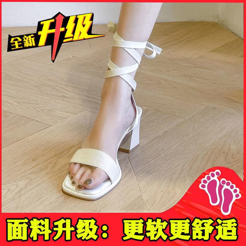 Sandals Women's Summer New Thin Heels Square Head Open-toed High Heels Ankle Wrapping Straps Super Sexy Women's Shoes
