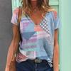 Summer Women's T-shirt Vintage Geometric Print Short Sleeve Tops Female Fashion Clothing V-Neck Oversized Pullover Daily Blouse