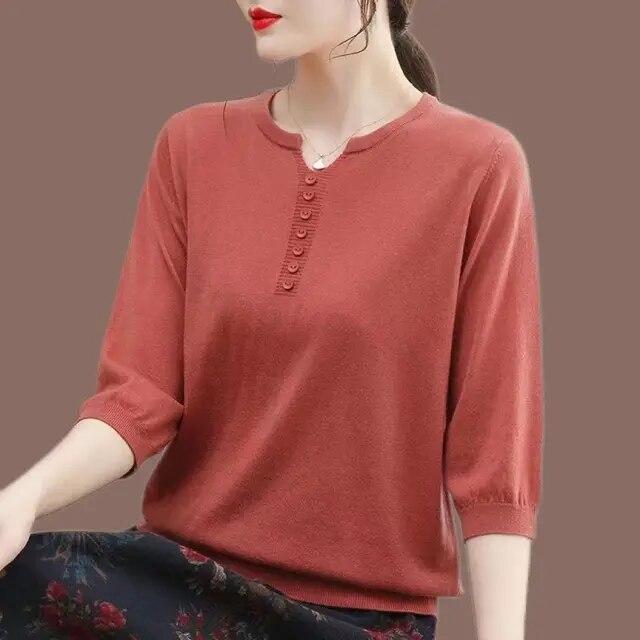 Korean Fashion Women Big Size Knit T-Shirt Female Clothing Spring Summer 3/4 Sleeve Pullover Tees Loose Casual Solid Vintage