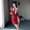 Sexy Pajama Set Hollow Chest Dew Small Groove Lace Women's Erotic Underwear Cheongsam Night Fans Slit Antique Style