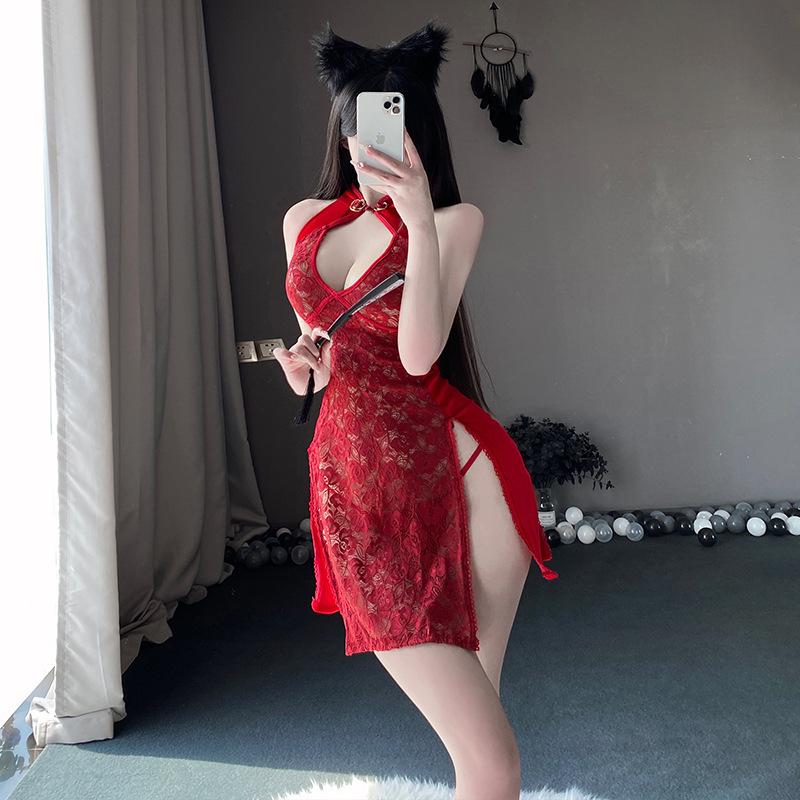Sexy Pajama Set Hollow Chest Dew Small Groove Lace Women's Erotic Underwear Cheongsam Night Fans Slit Antique Style