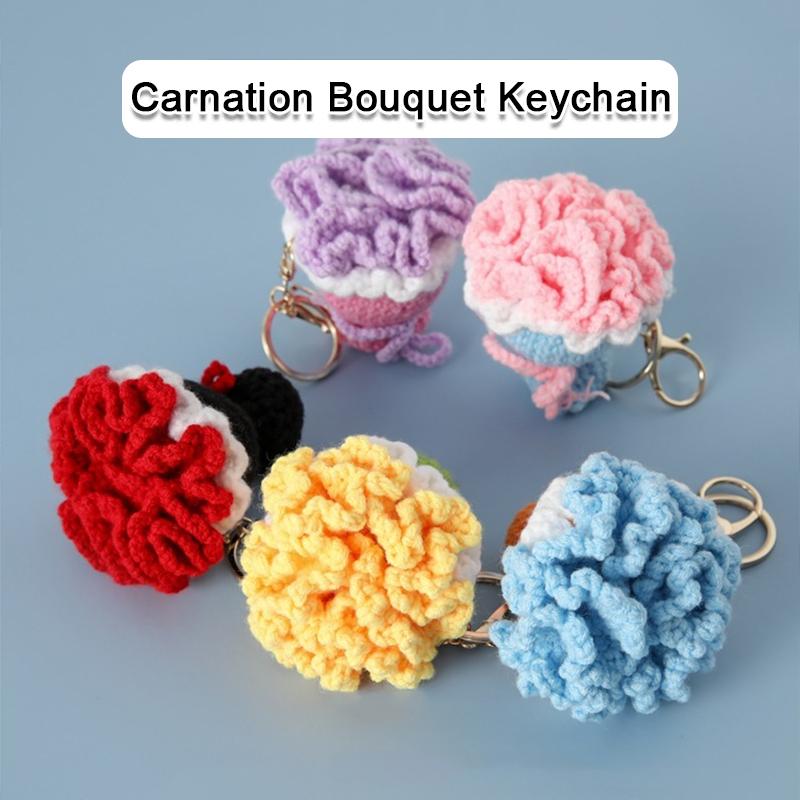 Crocheted Carnation Bag Pendant Ornament Key Rings Holders Unique Handheld Flower Design Creative Gift Decorative 5 Colors