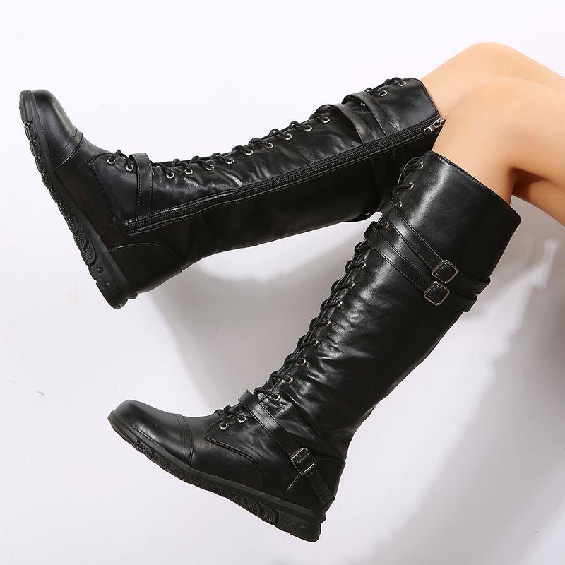 Winter Boots for Women Combat Cowboy Knee High Long Artificial Leather Platform Shoes Black Gothic Rock Punk Solid Women's Boots