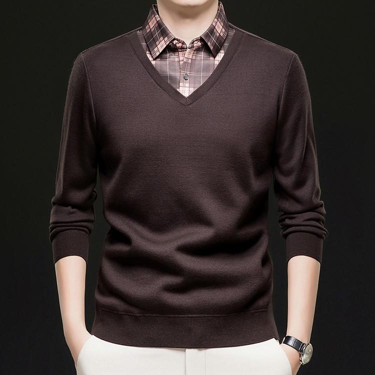 Men s Autumn/Winter Fake Two-Piece Knit Sweater with Velvet Warm Shirt Collar XXXL