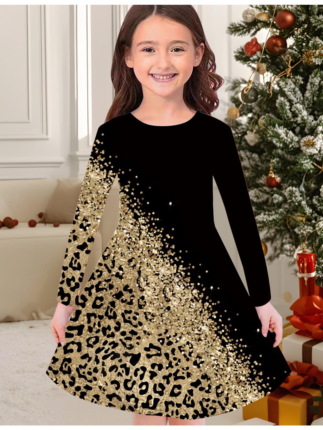 

Модное осенне-зимнее платье для девочек, 3D принт с леопардовым принтом, круглый вырез, длинное детское платье-футболка, повседневное универсальное, рождественская одежда 170 золотой