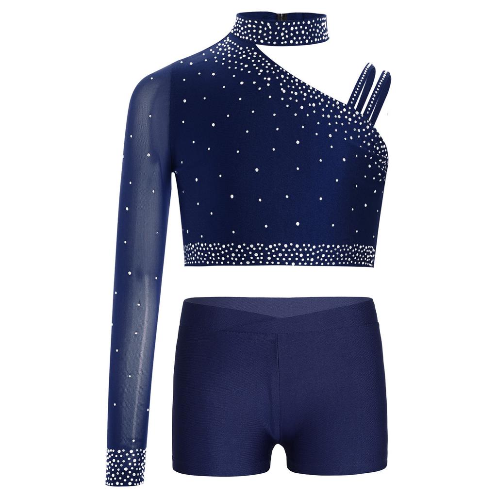 Girls Dance Performance Top Sparkly Rhinestone Irregular Shoulder Crop Top V Front Waistband Shorts