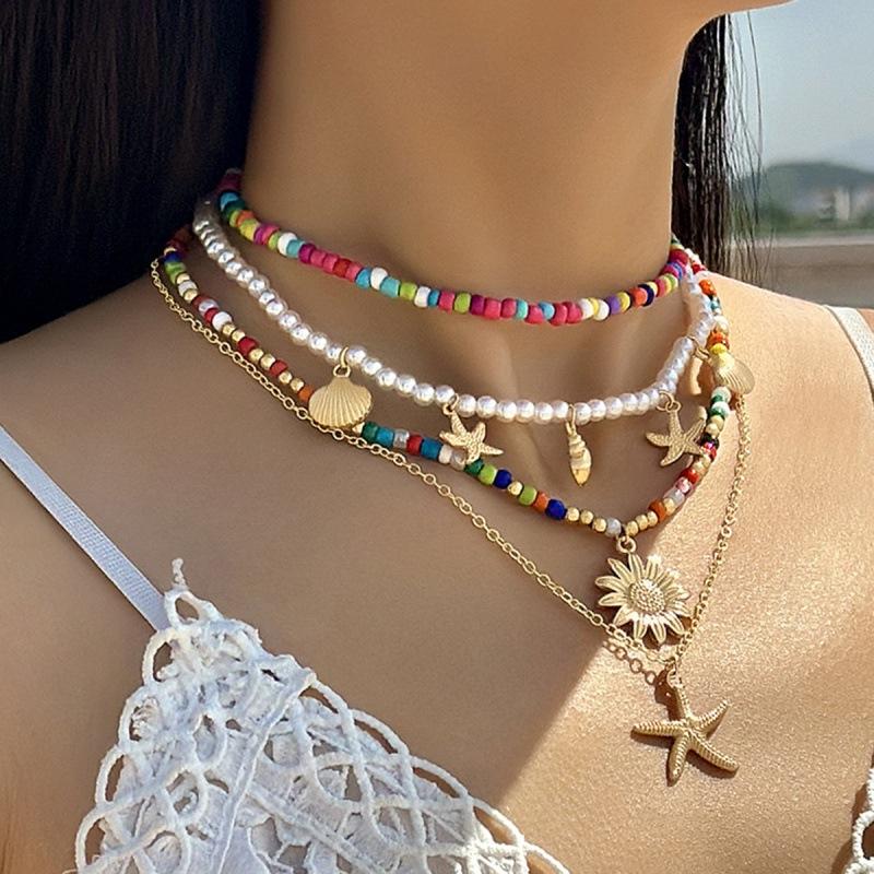 Bohemian Starfish Colored Rice Bead Necklace, Beach Scallop Imitation Pearl Necklace Necklace for Women