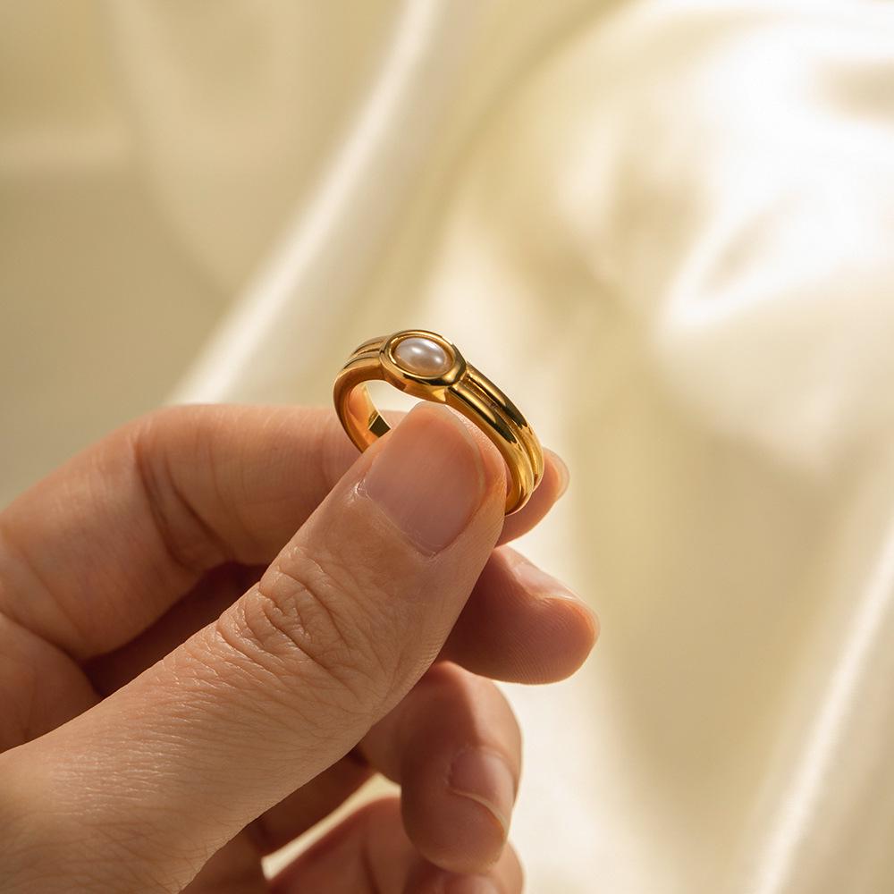 18k Gold Double-Layer Pearl Ring - Stylish European/American Design, Durable Stainless Steel