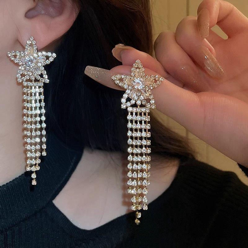 Zirconia Five-Pointed Star Tassel Stud Earrings, Elegant Korean Light Luxury High-End Jewelry