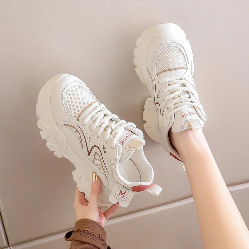 Women'S Chunky Platform Sneakers  Summer Breathable Mesh Non-Slip Sports Shoes Women Lace-Up Thick Bottom Vulcanized Shoes