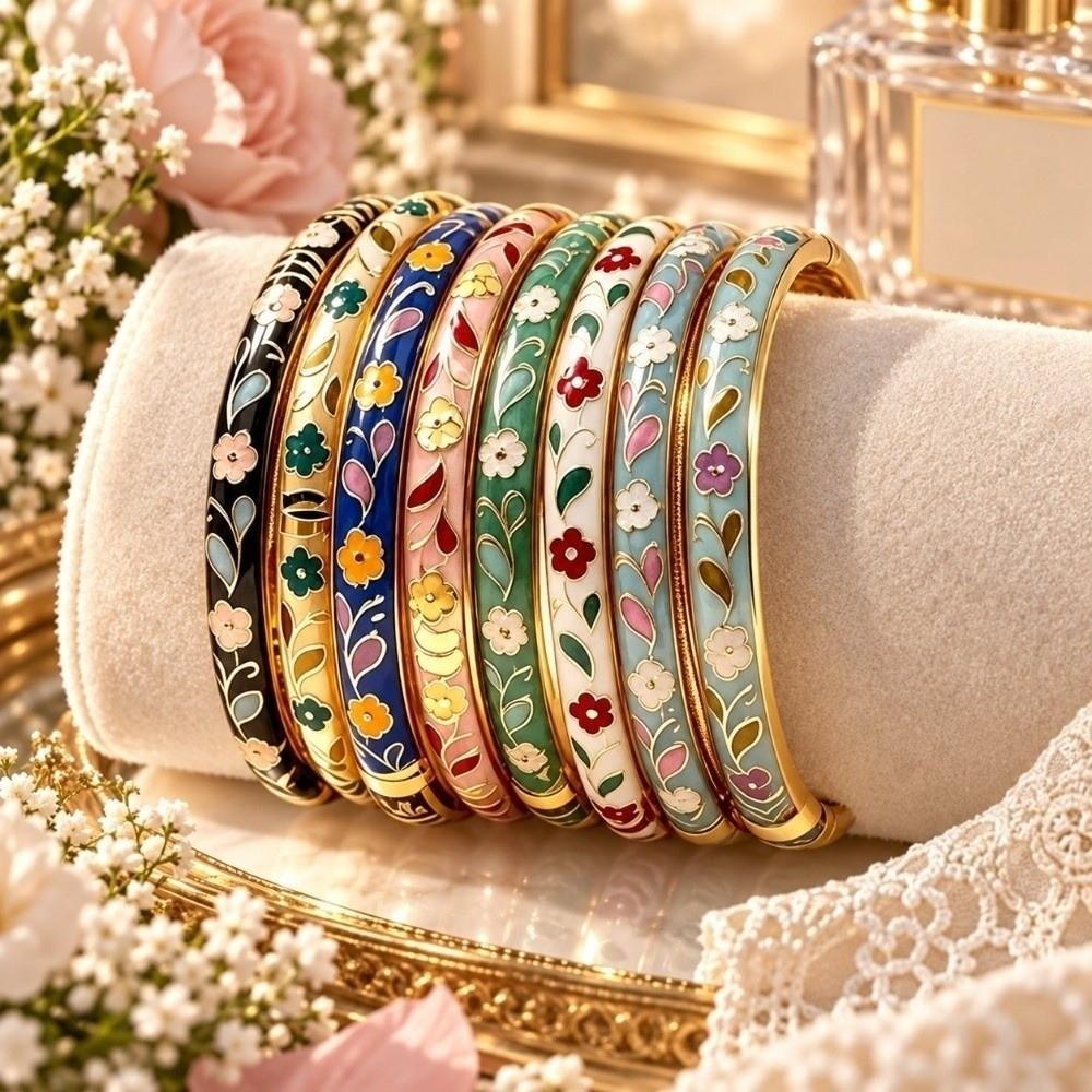Enamel Flower Bangle Colorful Women's Hand Bracelet Fashion Vintage Cloisonne Bangle  Jewelry Gifts
