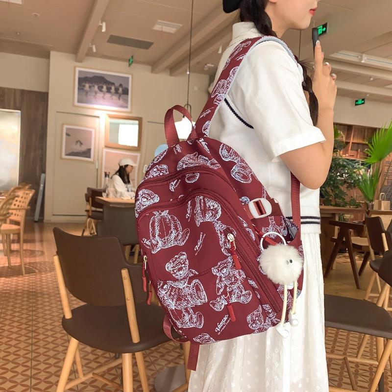 School Bag for Female Junior High School Students, Simple and Versatile Printed Bear Backpack, Niche Design, Light Backpack for High School Students