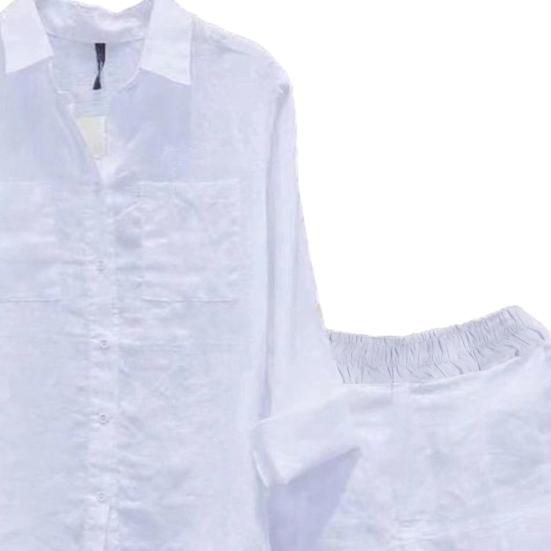 2 Pcs/Set Women Shirt Shorts Set Solid Color Loose Long Sleeves Elastic Waist Single-breasted Patch Pockets Irregular Hem Lapel Casual