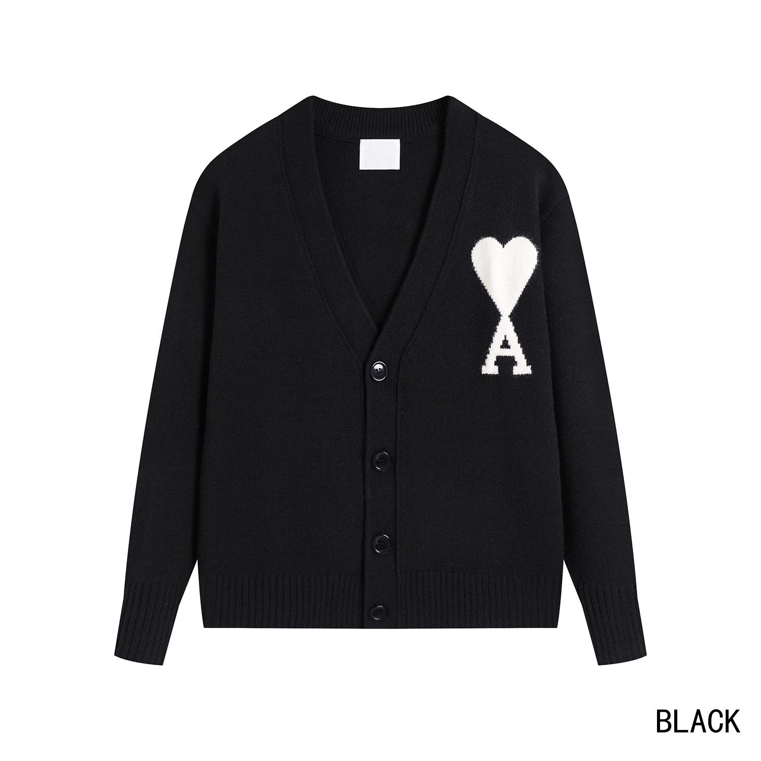 

Unisex Knit Cardigan with White Heart & A Embroidery Casual V-Neck Button Up Sweater S