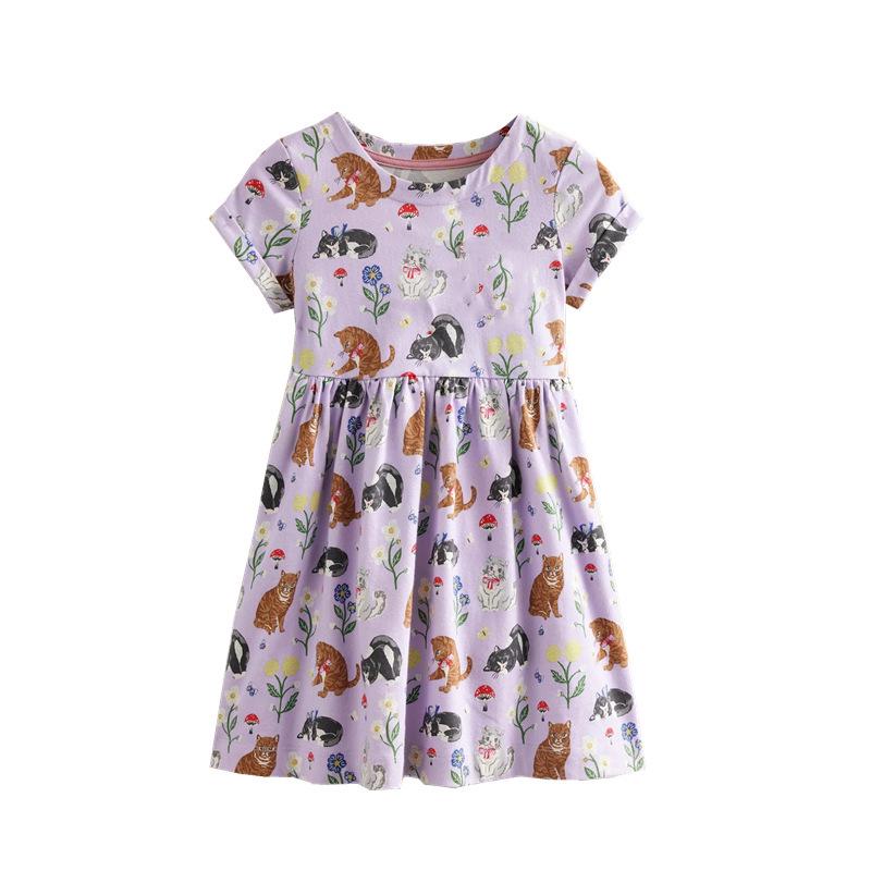 European Style Summer Cartoon Print Girls Princess Dress with Round Neck 5T, recommended height 100-110cm