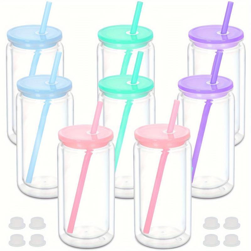

8PCS Double Wall Snowglobe Plastic Cups with Pre-Drilled Hole 16oz Mason Jar Straw Cups Durable Plastic Coffee Juice Drinkware
