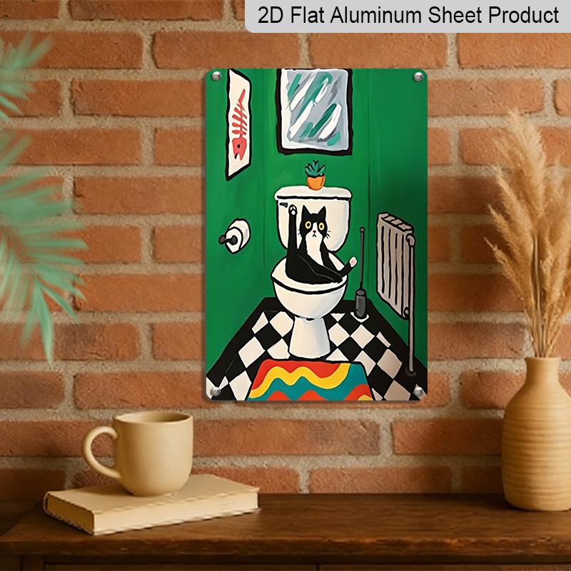 2D Flat 8×12 Inch Funny Cat In The Toilet Metal Sign - Whimsical Colorful Bathroom Wall Decor, Aluminum Hanging for Restroom, Home or Cat Lover's