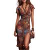 Women Bohemian Geometric V Neck Waist Dress Short Sleeve Ruched High Low Hem Casual Summer Midi Dress for Daily Wear