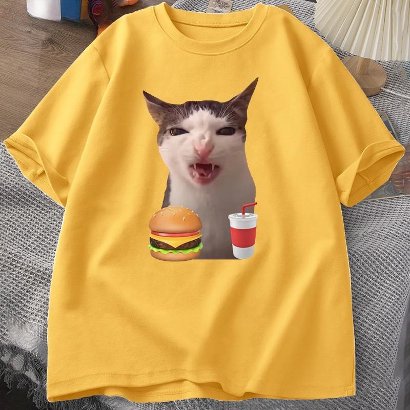 Cat Crunching Food Meme Tshirt Women Unisex Silly T Shirts Funny Cat Eating TShirt Cotton Short Sleeve Graphic Tees Streetwear