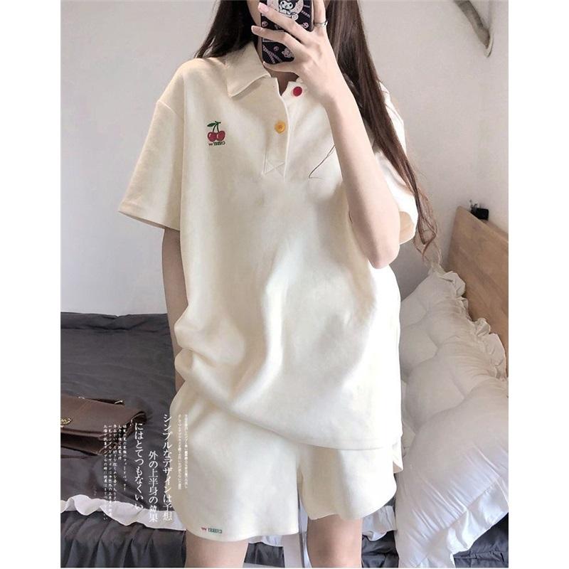 Women 2 Piece Outfits Cherry Embroidery Polo Shirt + Shorts Set Casual Tracksuit
