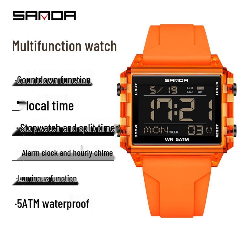Sanda Waterproof Luminous Sports Watch: Square, Transparent Timer for Students