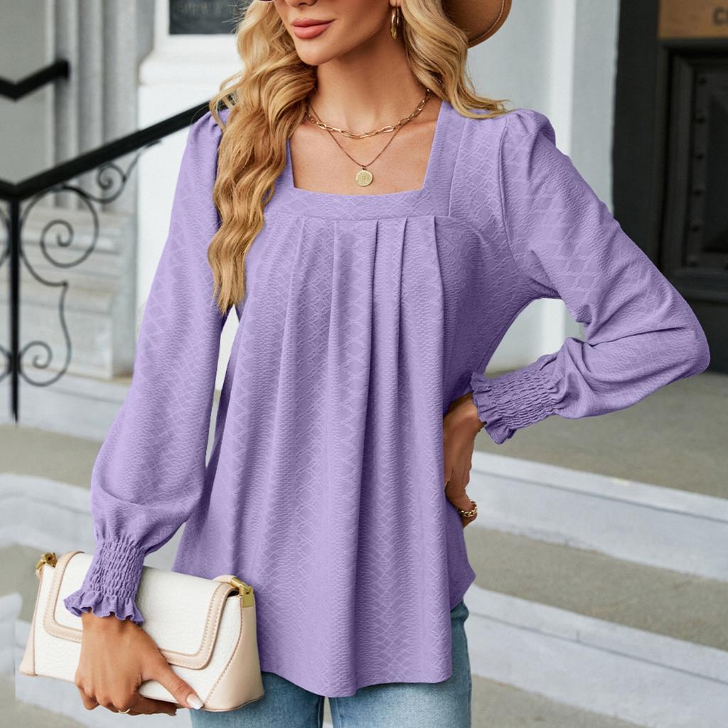 BITCED Autumn/Winter Women's Jacquard Pleated Square Collar Long Sleeve Dovetail Solid Color T-shirt Woman