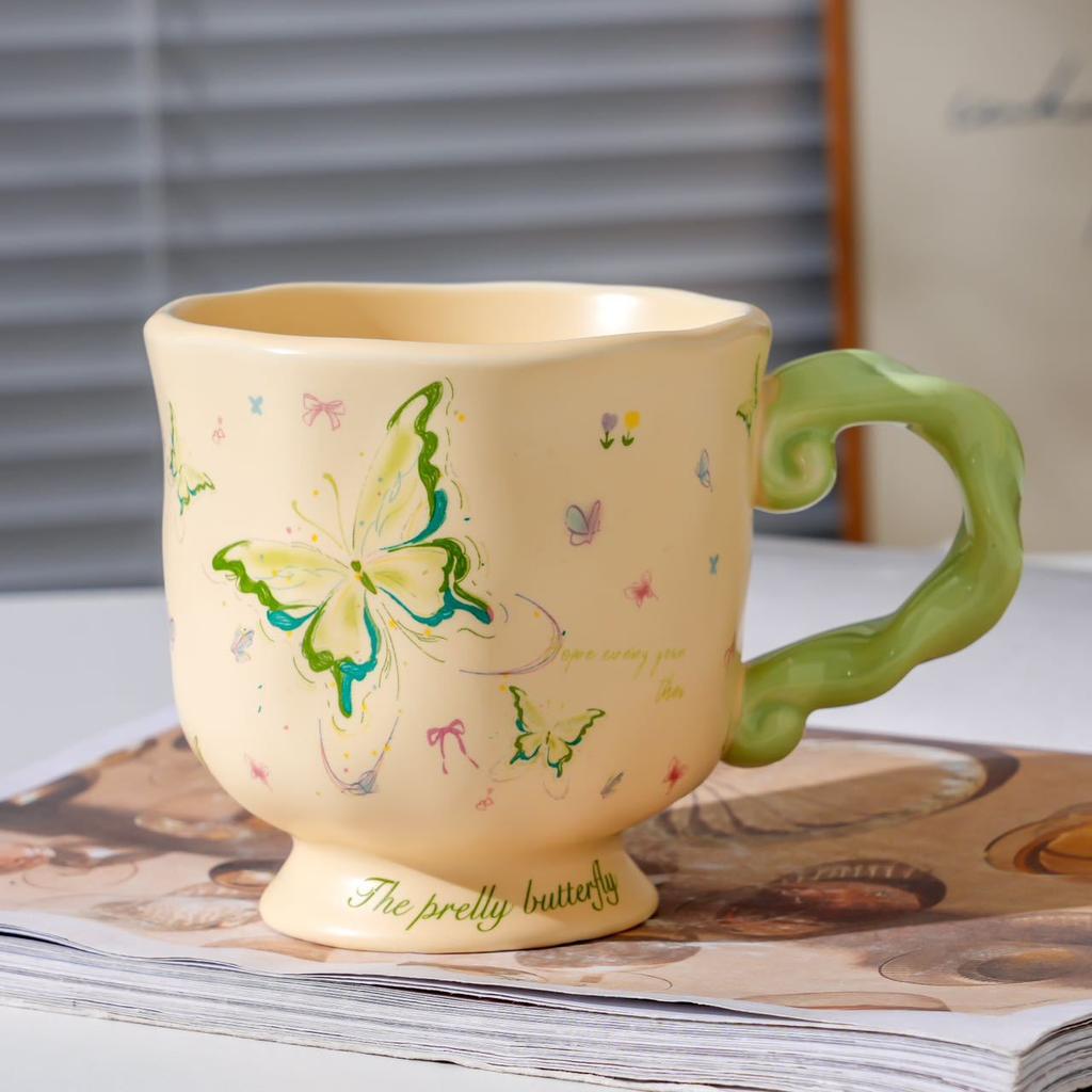 Retro Butterfly Ceramic Mug, Large-Capacity Breakfast Cup, High-Value Couple Water Cup, Home Office Female Gift