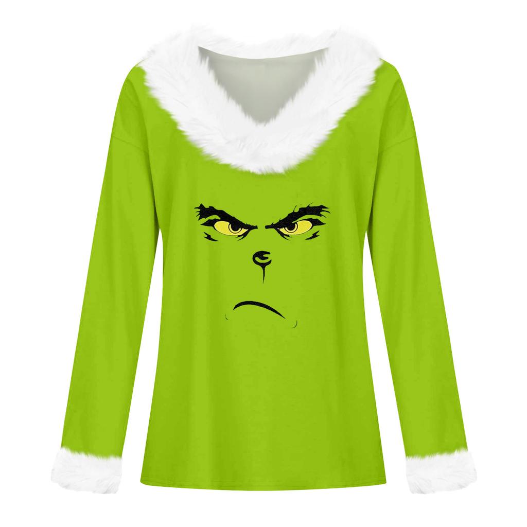 Women's T Shirt Tee Christmas Shirt Long Sleeve Party Christmas Print Fleece Collar V Neck Top