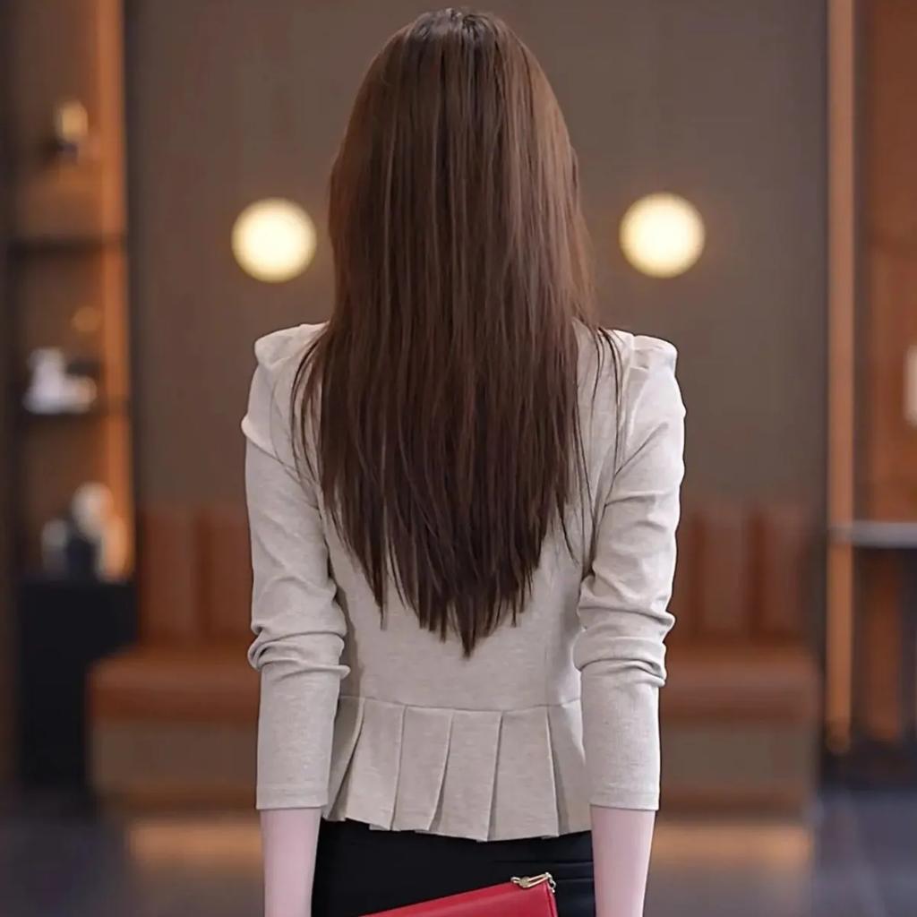 Women Clothing Fashion Ruffled V Neck Slim Asymmetrical T-shirt Office Lady Elegant Chic Solid Long Sleeve Commute Tops