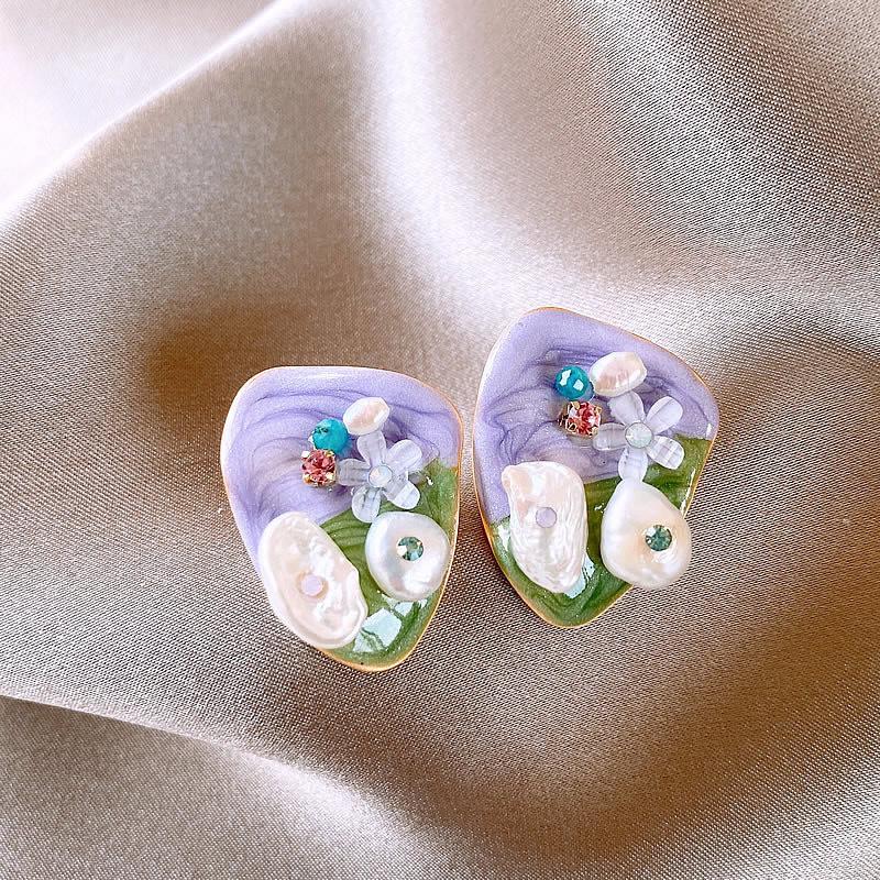 Monet garden oil painting style flower pearl earrings light luxury stud earrings French sweet small fresh earrings women