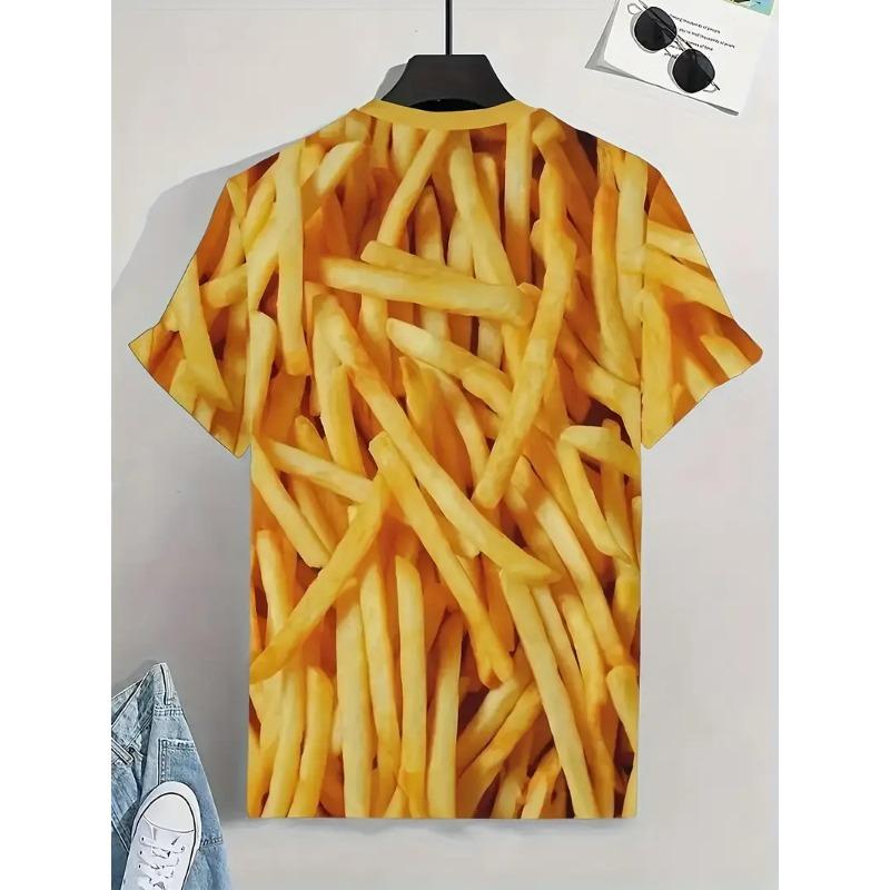 Large Men's French Fries Hamburger Pattern 3D Printed Men's Round Neck Short Sleeved T-shirt Summer Fashion T-shirt Casual Comfortable Versatile Top