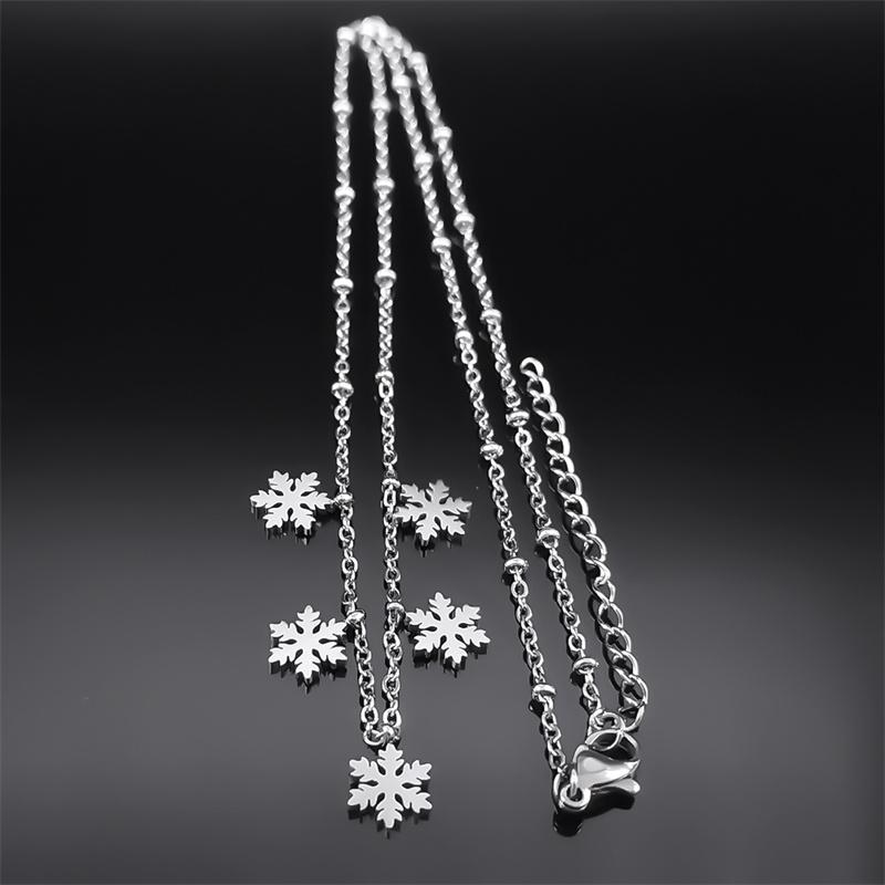 Trendy Snow Flower Snowflake Charm Necklace for Women Stainless Steel Silver Color Snowflake Chain Christmas Gift Jewelry