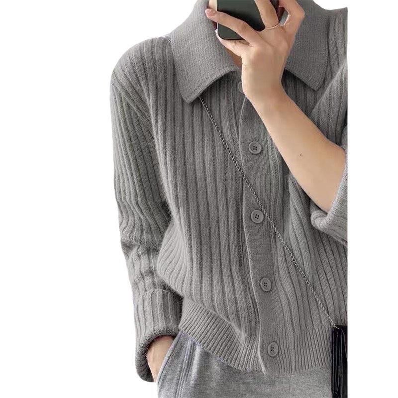 Temperament Pink Lapel Sweater Cardigan Women's Autumn Design Sense Niche Gentle Lazy Knitted Jacket Polo Top
