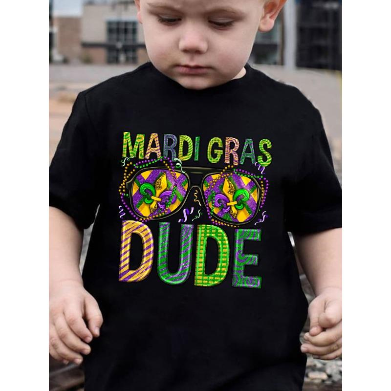 

European sizes Children Mardi Gras Fashion Boys Short Sleeve T-Shirt | Casual Summer Top with Crew Neck, Iris Flower Glasses Cartoon Print 98cm чёрный