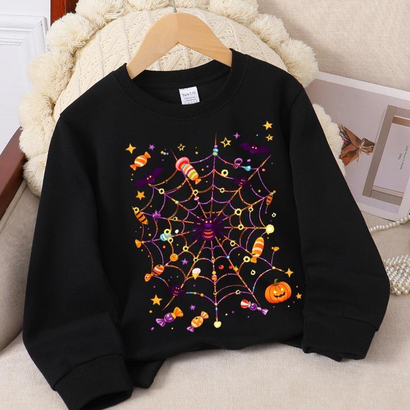 Kids Fall Winter Crew Neck Sweatshirt, Halloween Spider Web Candy Pumpkin Print