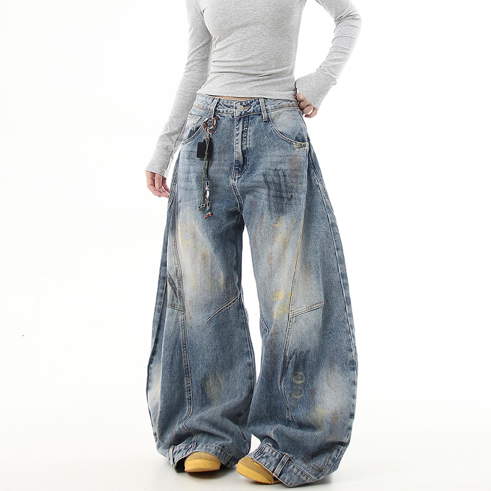 Retro Distressed Graffiti Wide Leg Jeans Unisex Trendy Design XL
