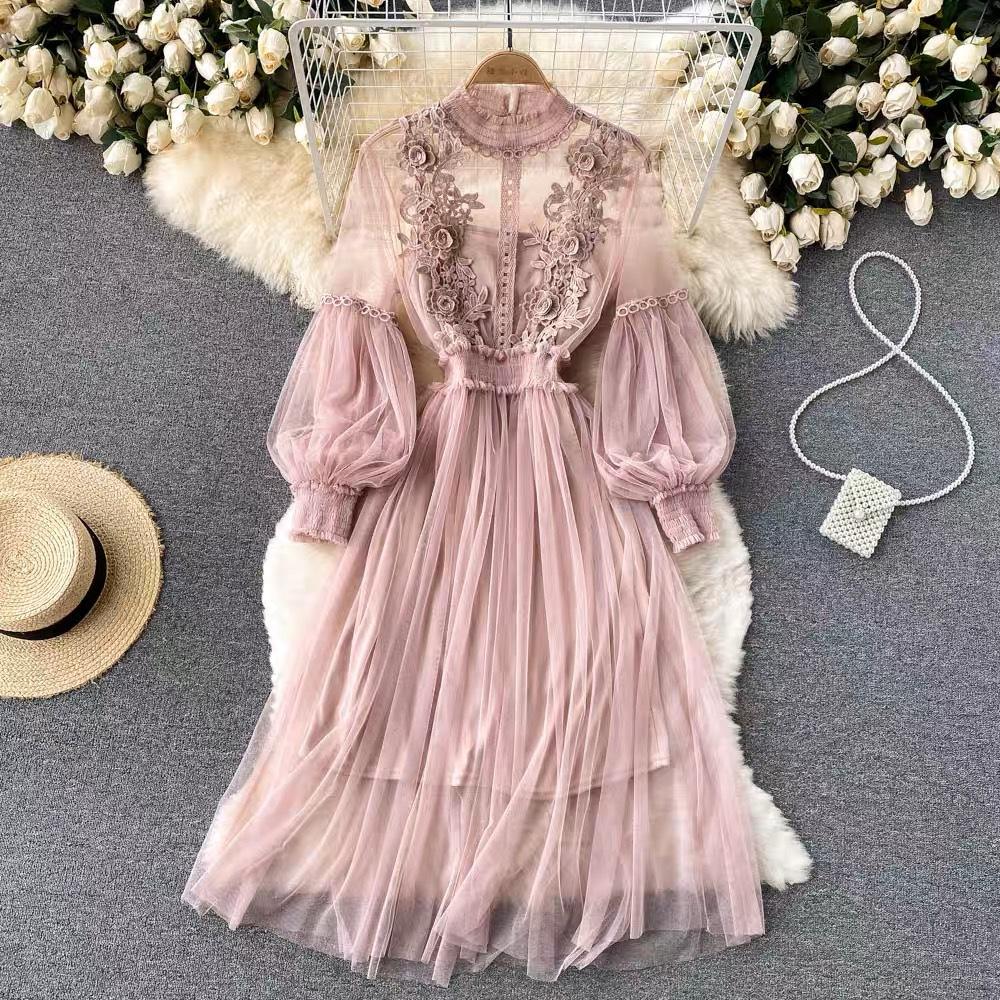Women's Dress Three-dimensional Flowers Mesh Temperament Collar Lantern Sleeve High-waisted Dresses