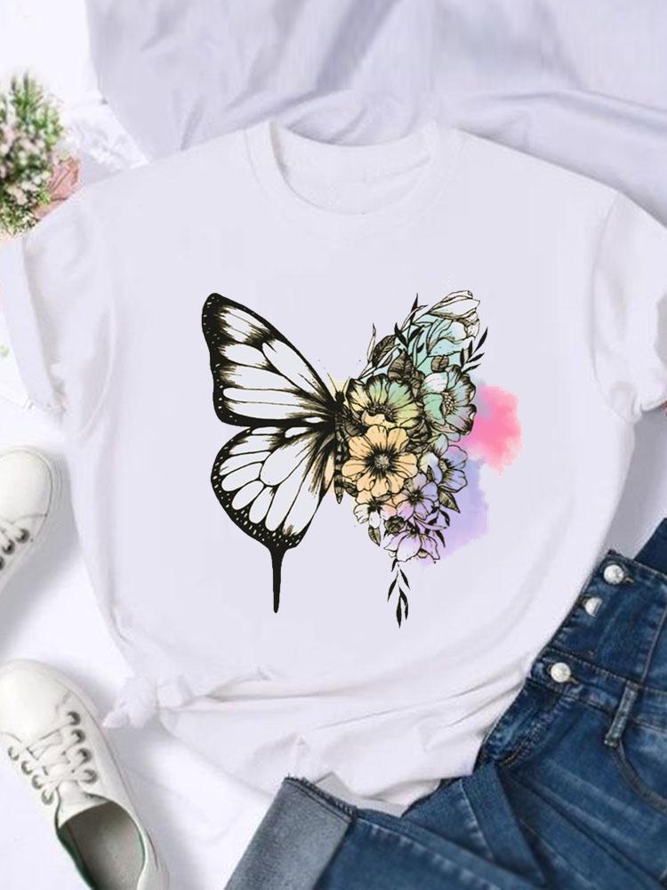 Kortärmade T-shirts Dam T-shirt Tryck Sommar Tecknad Fjäril Trend Söt Skjorta Dam Grafisk T Topp T-shirt Mode Kläder