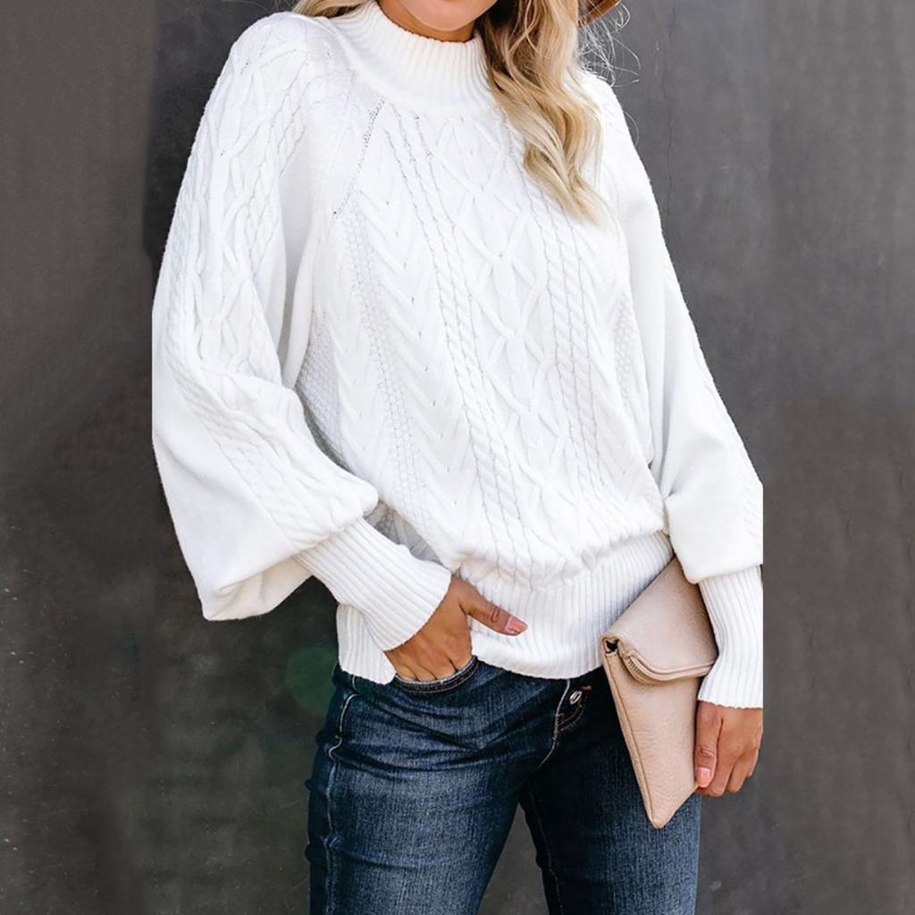 Winter Women's Solid Mock Neck Sweater, Loose Long Sleeve Knit Top